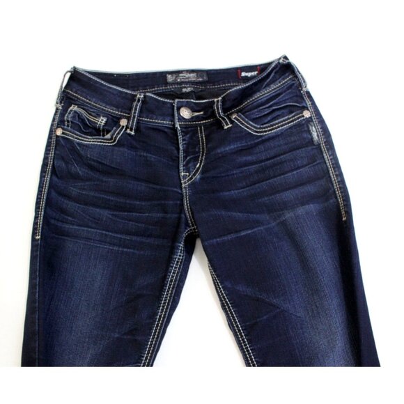 Silver Women Jeans Suki Mid Slim Bootcut Dark Saddle Stich Denim Blue Size 28x33 - Picture 5 of 15